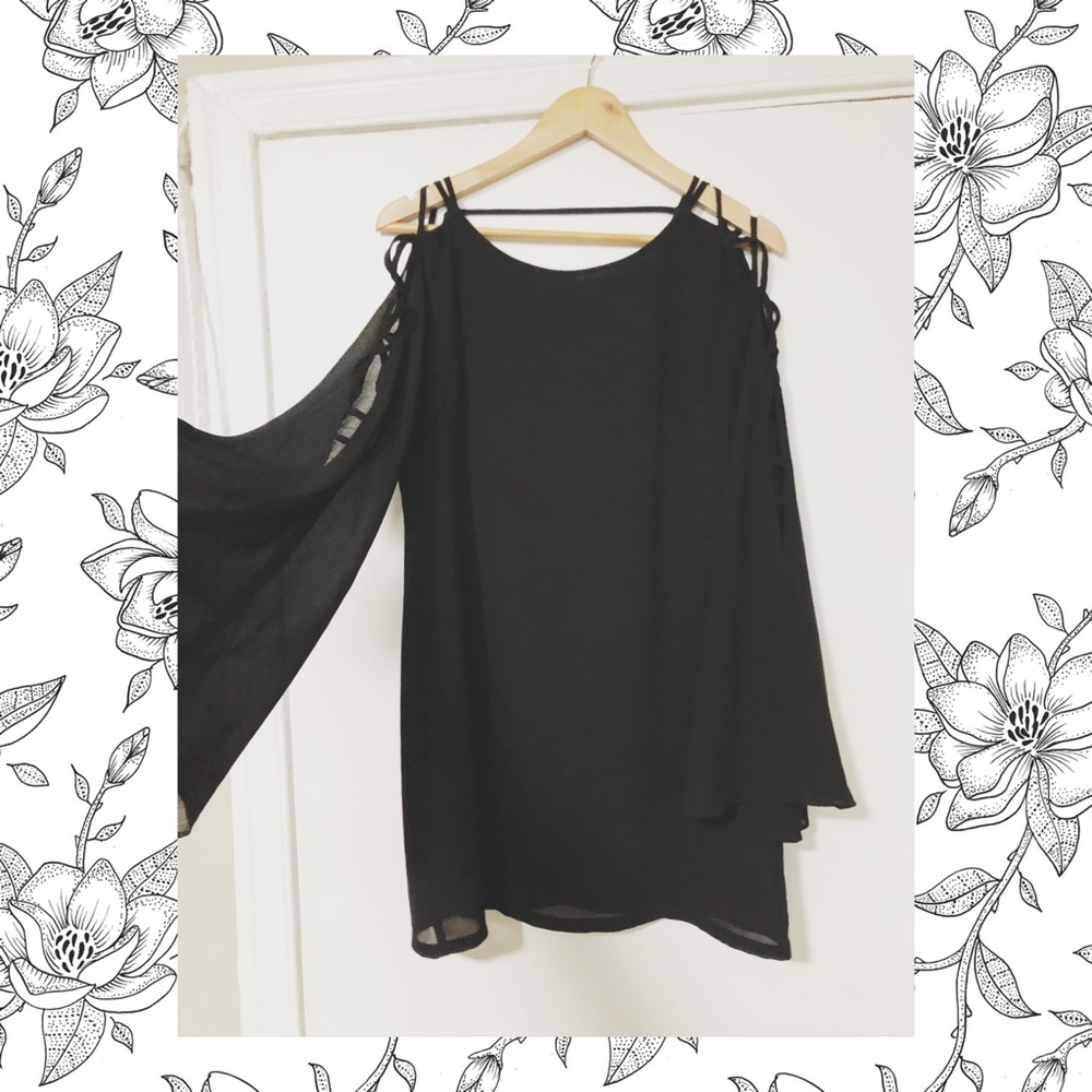 Black long sleeve chiffon dress with exposed arms